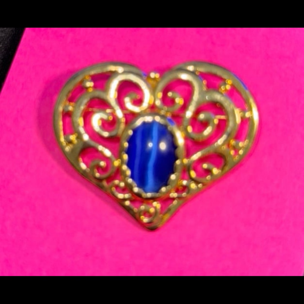 Ornate Gold Heart Brooch With Blue Accent 30$